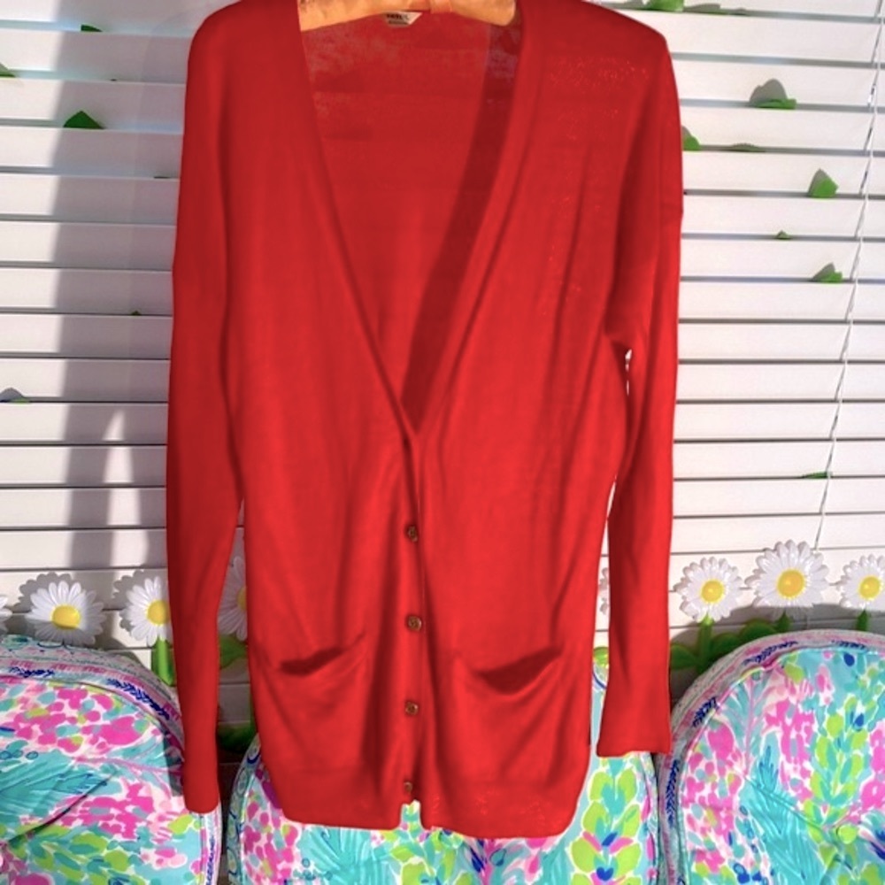 Fossil long orange cardigan sweater with two pockets